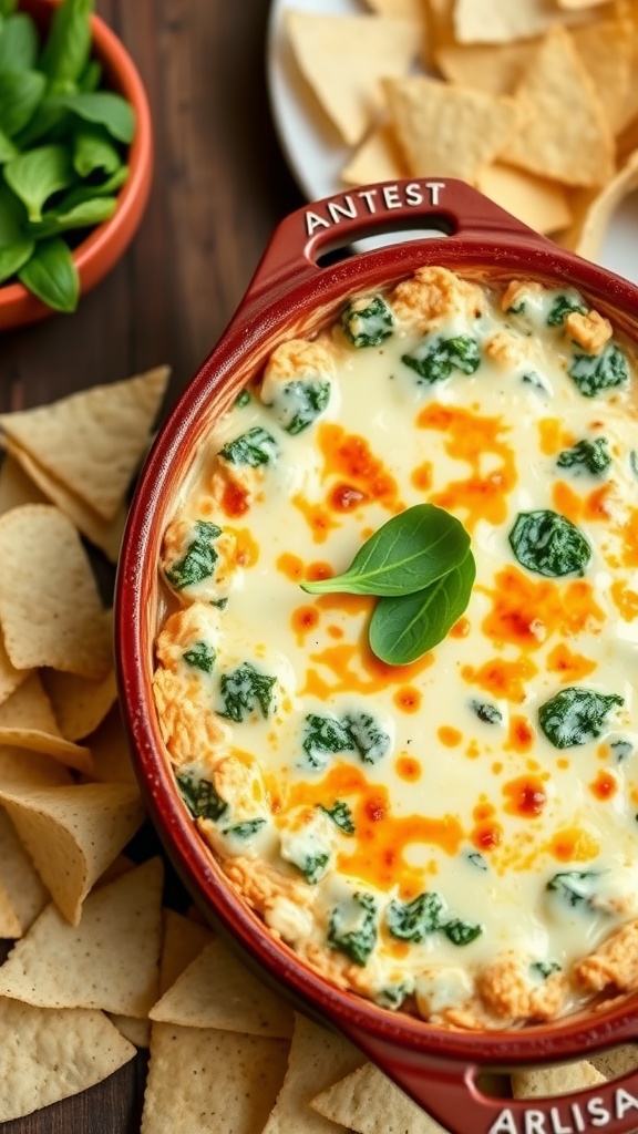 A bubbling five-cheese spinach dip in a baking dish with tortilla chips for dipping.